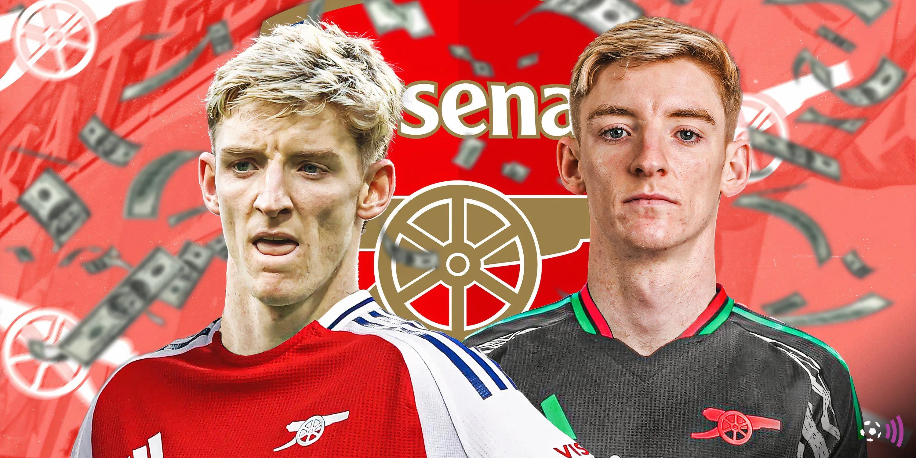 Hình ảnh ghép Anthony Gordon với logo Arsenal, thể hiện tin đồn chuyển nhượng tiềm năng.