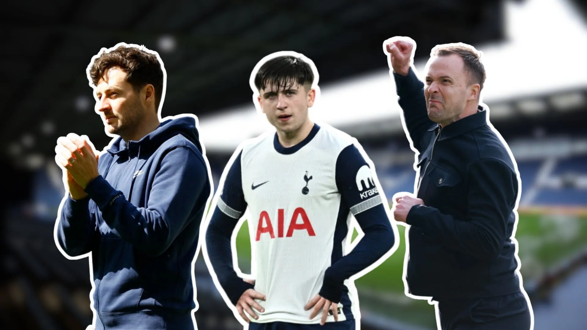 Ryan Mason (trái), Mikey Moore (giữa) và Chris Davies (phải) trên nền sân Hawthorns, biểu tượng cho tiềm năng chuyển nhượng